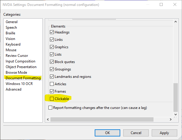 screenshot of NVDA document formatting preference showing clickable checkbox unchecked