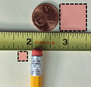 Photo of the eraser end of a pencil and a US one cent coin next to a measuring tape. Next to the penny and the eraser are rendered semi-transparent square outline boxes of the same general size as the penny (three quarters inch) and eraser (one quarter inch).